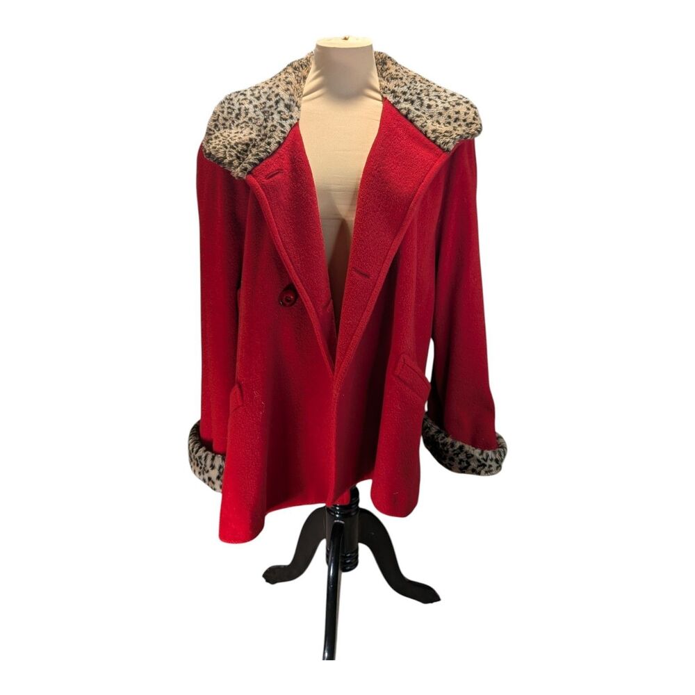 MDP Vintage 1960s Wool Swing Coat Leopard Design Fur Trim Women's size 12 Red